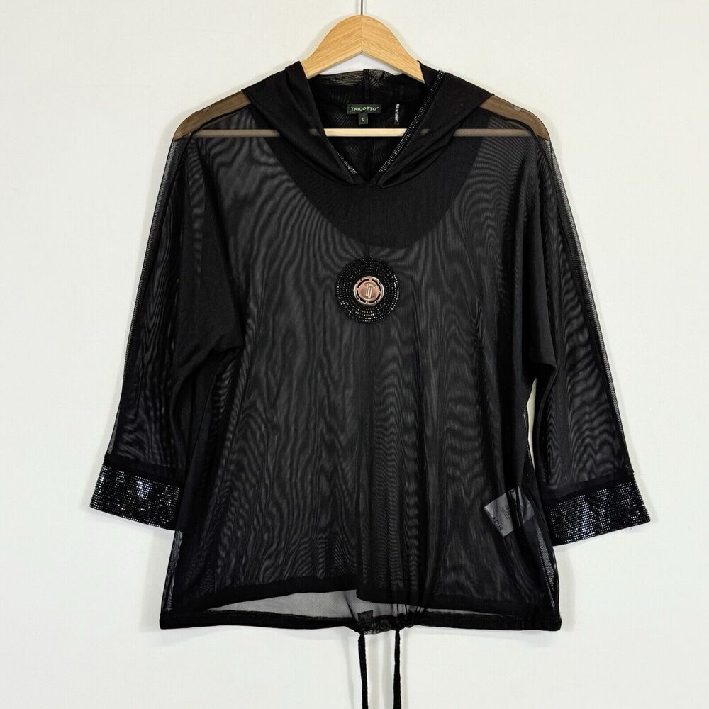 Tricotto Mesh Hoodie Top Women Small Black Rhinestone Sheer Goth Edgy Glam‎